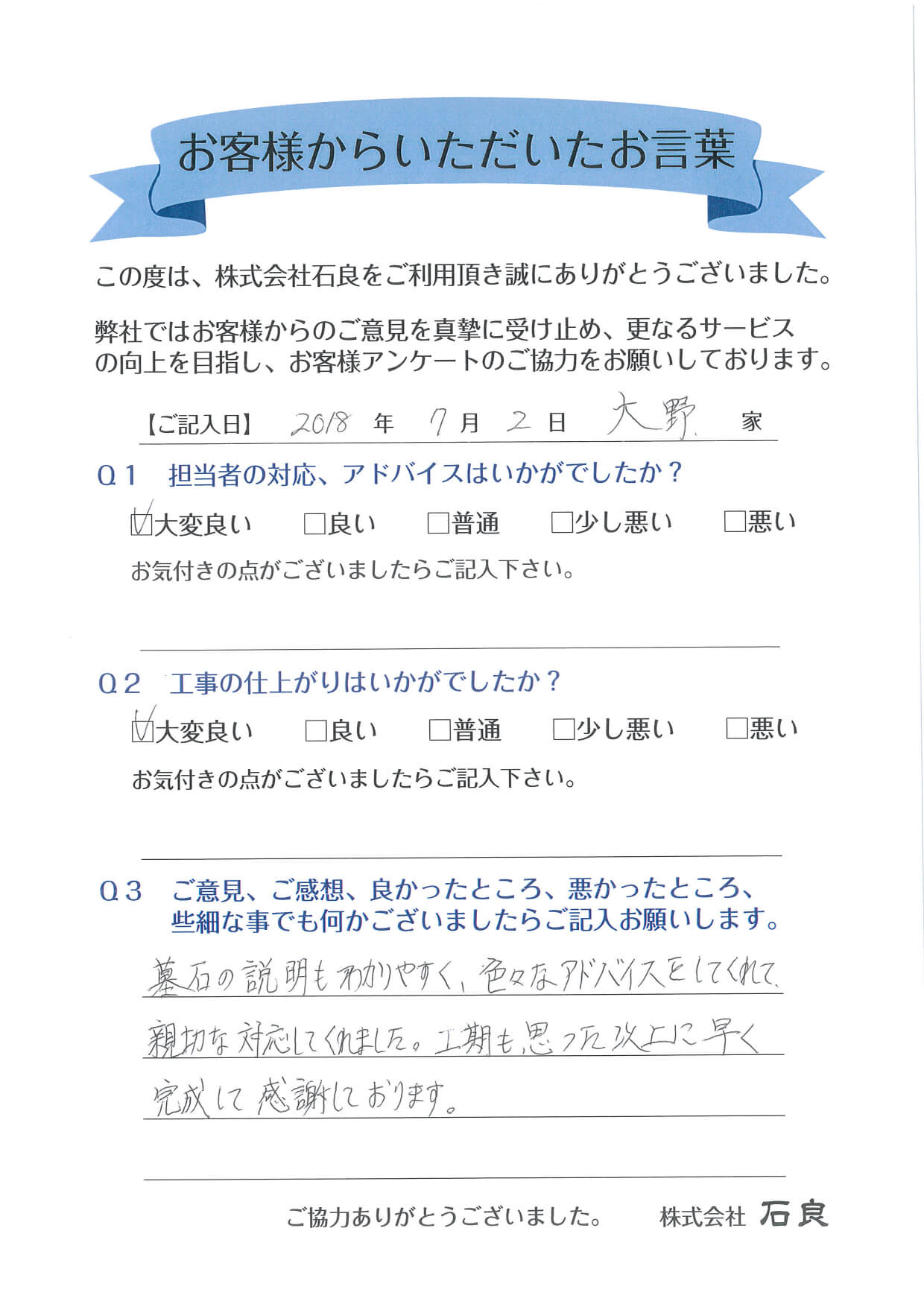 【大野家】思った以上に早く完成して感謝しております